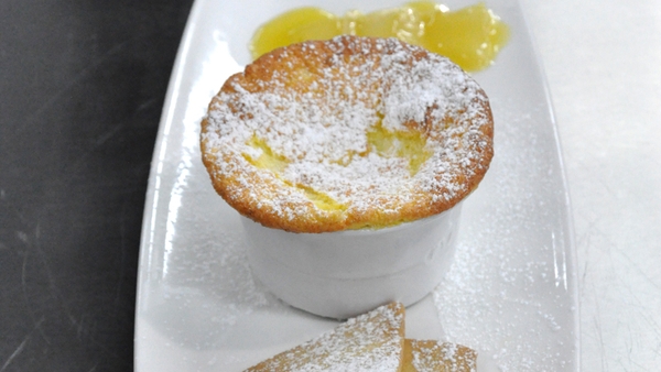 Lemon soufflé, sable biscuits with caramelised pea