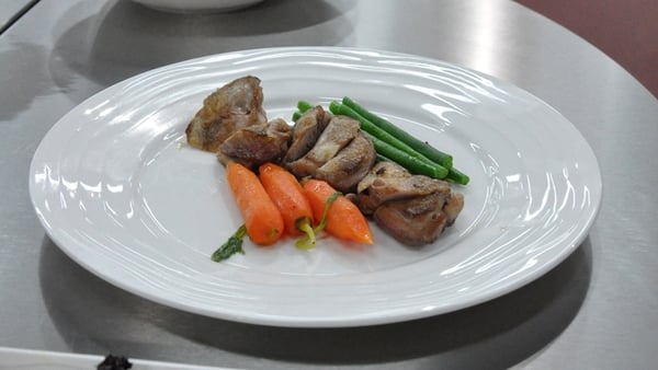 Pan fried quail with glazed vegetables and pan jui