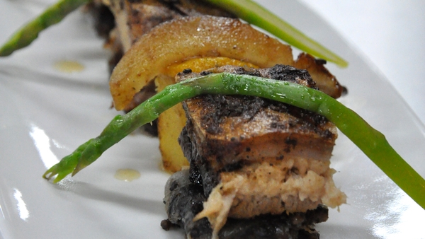 Crispy pork belly with caramelised black pudding