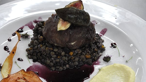 Braised pork cheek with lentils