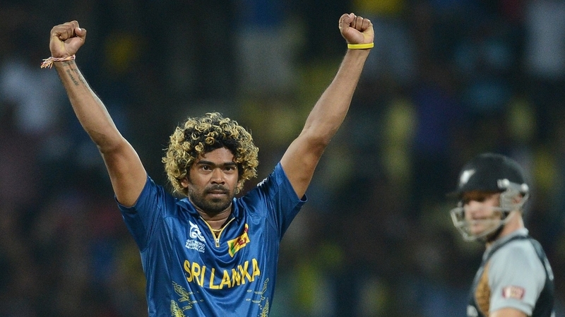 Sri Lanka's Lasith Malinga celebrates taking the wicket of New Zealand's Martin Guptil