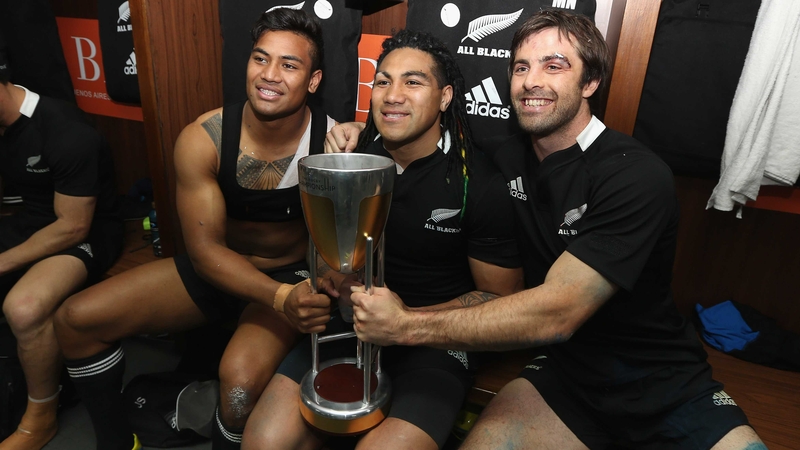 (L to R) Julian Savea, Ma'a Nonu and Conrad Smith celebrate their inaugural Rugby Championship title
