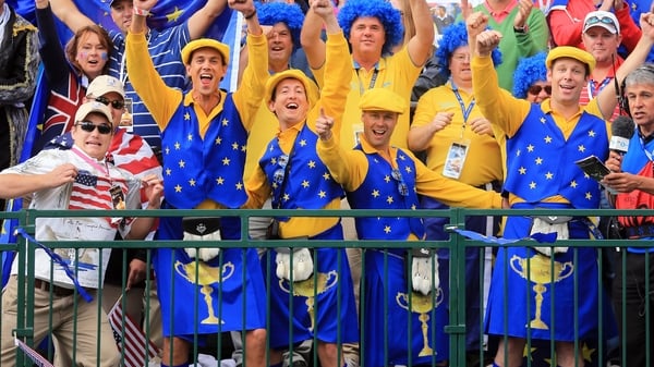 The European fans are out in force on the first tee at Gleneagles