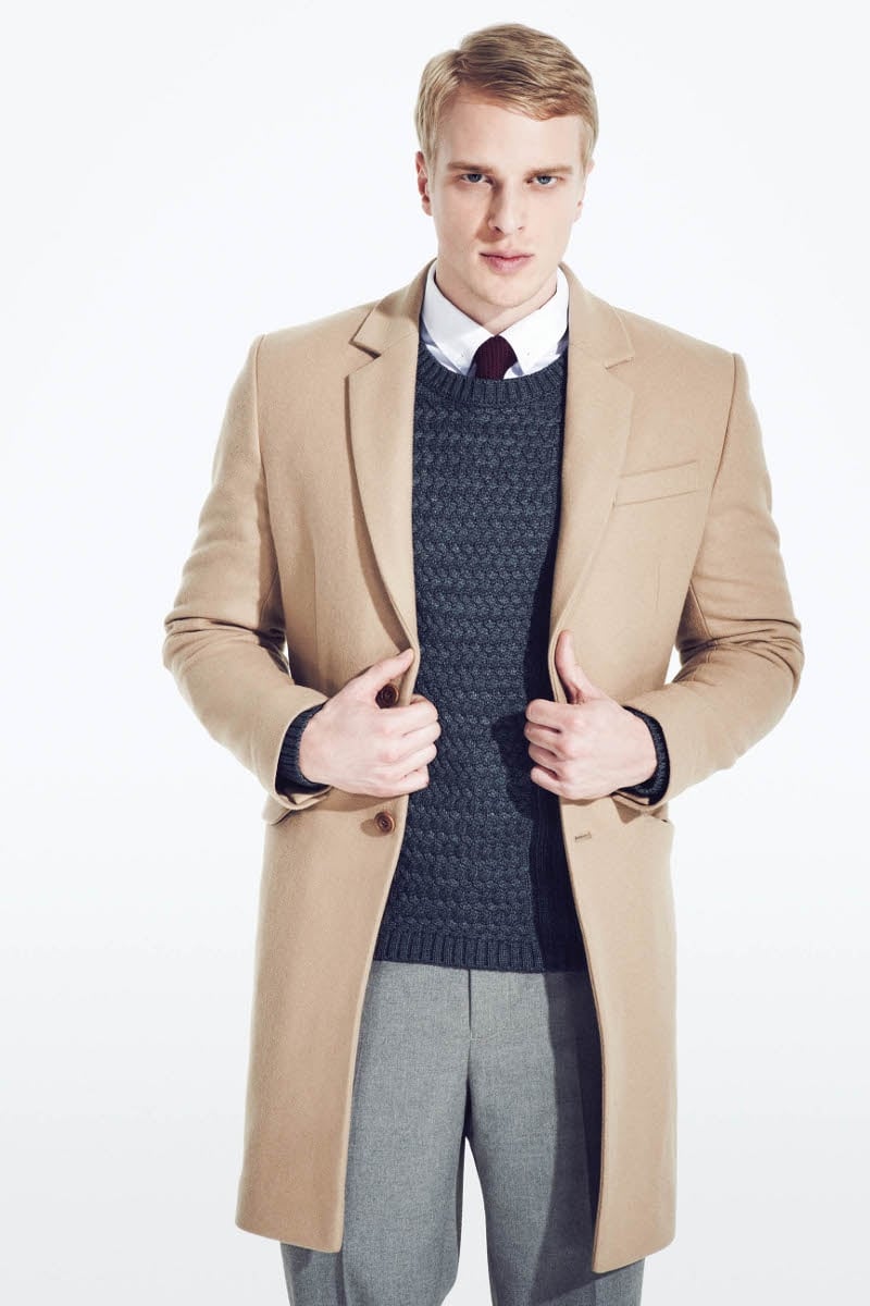 Debenhams J by Jasper Conran khaki coat €225, with jumper €93, shirt €62, tie €31 and trousers €70
