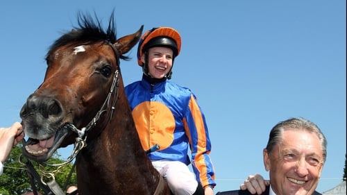 Winning Irish 2000 Guineas jockey Joseph O'Brien on Power with owner Derrick Smith