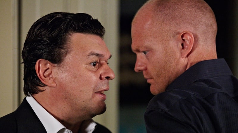 Jamie Foreman (left) as Derek with his on-screen brother Max Branning