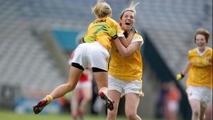Antrim's Aine Tubridy and Geraldine McGinley celebrate the final whistle after the Saffrons had won 3-07 to 0-07