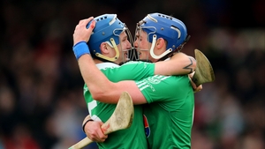 Kilmallock's Liam Walsh (l) and Gavin O'Mahony celebrate after their 1-15 to 0-15 victory over Adare in Limerick