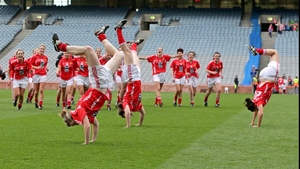Cork's Breige Corkery, Roisin O'Sullivan and Grace Kearney celebrate with acrobatics after the game