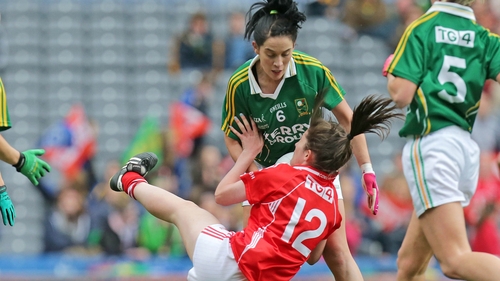 Cork's Ciara O'Sullivan is grounded by Aislinn Desmond of Kerry