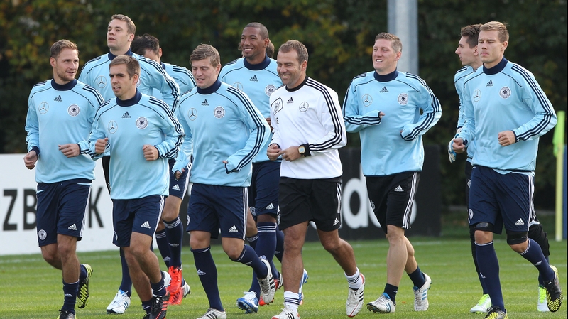 Hansi Flick (white top) says Germany have been focusing on defence ahead of their trip to Dublin