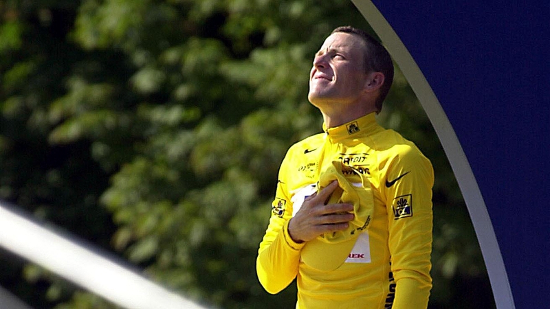 Lance Armstrong celebrates his 2001 Tour de France win, which was later taken off him