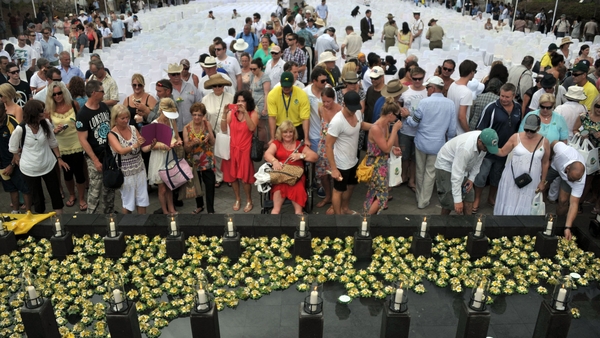 Survivors and relatives of the victims of the bombings attend a ceremony at the Garuda Wisnu Kencana cultural park