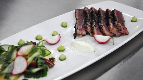 Tuna with wasabi, crème fraiche and pickled salad
