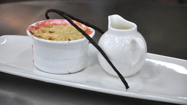 Rhubarb crumble with custard