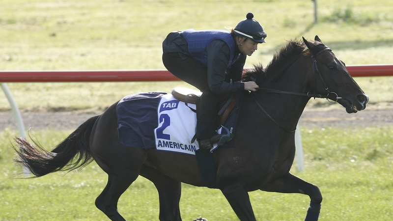 Stephanie Nigge rides Americain during trackwork at Werribee Racecourse