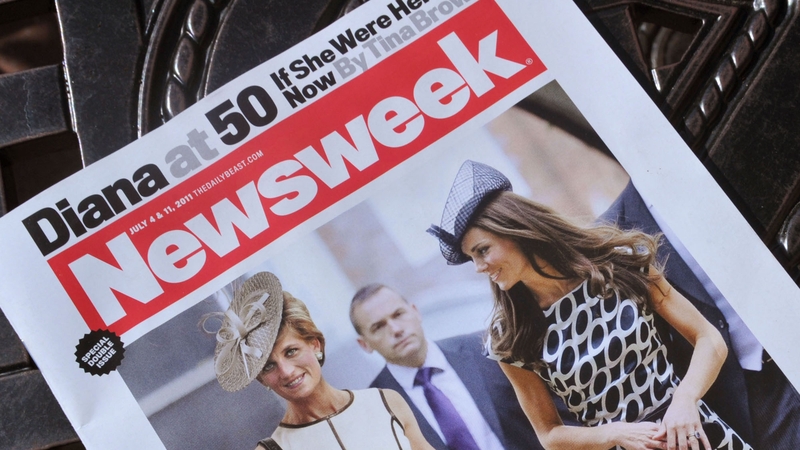 A Newsweek magazine featuring a cover photo that shows a computer-generated image of Princess Diana walking with Kate Middleton to depict what she might have looked like on her 50th birthday