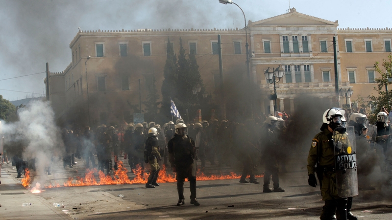 Riot police were called in to control the crowd and guard the Greek parliament