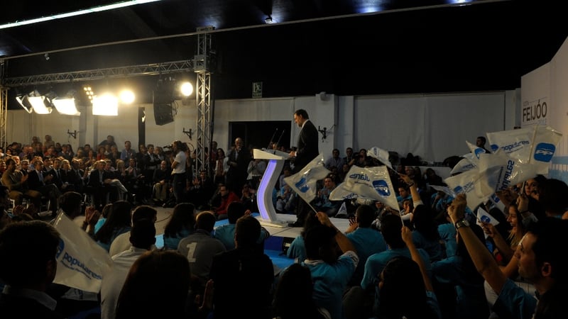 Spanish Prime Minister Mariano Rajoy delivers a speech during a Popular Party's campaign meeting for the Galician regional election