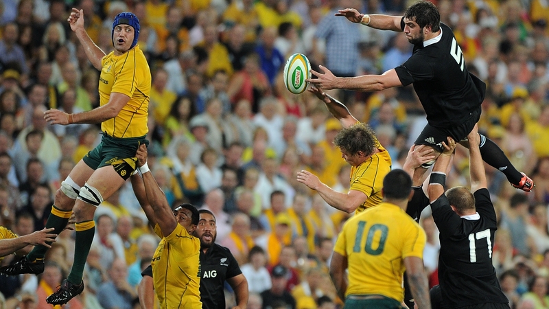 Sam Whitelock of the All Blacks reaches for the ball during the Bledisloe Cup match against Australia