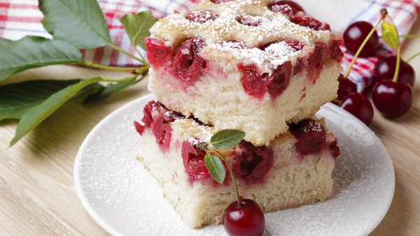 Cherry cake with rhubarb fool and rhubarb sauce