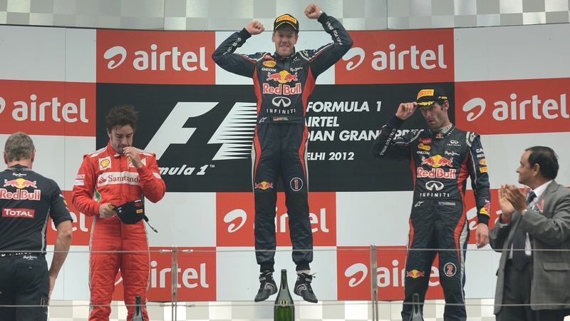Sebastian Vettel celebrates his victory in the Indian Grand Prix