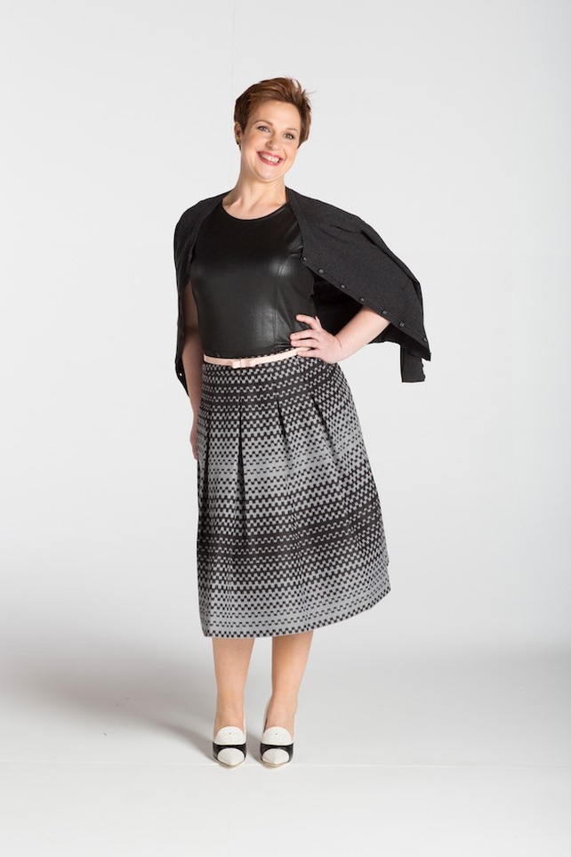 Faux leather peplum top Red Herring at Debenhams €31, Aztec black and grey skirt Jasper Conran at Debenhams €78, Charcoal grey cardigan Red Herring at Debenhams €34, Black and white pointed heel KG Kurt Geiger at Arnotts €200, Emerald green stud earrings