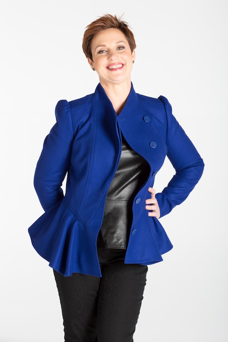 Cobalt blue peplum jacket Ted Baker at Arnotts €265, Faux leather peplum top Redherring at Debenhams €31, Textured black cigarette pant Promod at Debenhams €36.95, Gold strappy heel Buffalo at Arnotts €140, Emerald green stud earrings, Loulerie €119