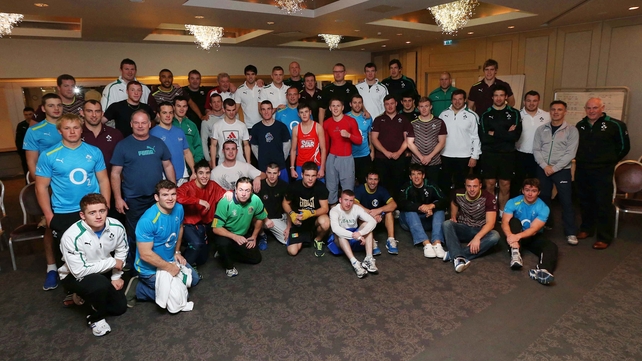Both Ireland squads pose for a group photograph