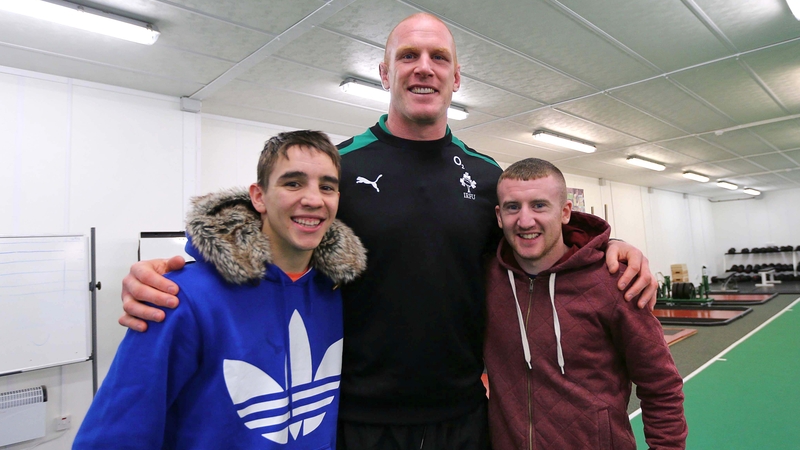 Olympic bronze medallists Michael Conlan and Paddy Barnes pose with Ireland rugby star Paul O'Connell as the boxing and rugby squads met at Carton House