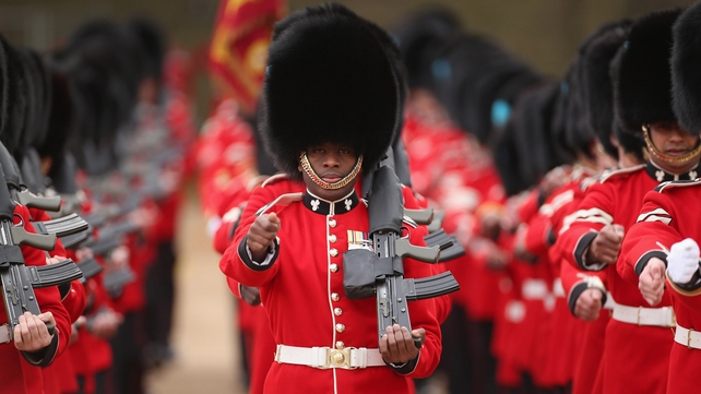 Guardsmen take their position before a ceremonial welcome in Horse Guards Parade in London at the start of a state visit by Indonesian President Susilo Bambang Yudhoyono
