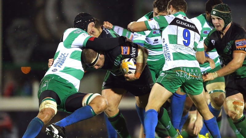 Connacht's Nathan White tries to burst past Corniel Van Zyl of Treviso