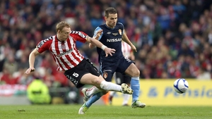 Christy Fagan is tackled by Stewart Greacon
