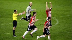 Goalkeeper Ger Doherty and Derry City players celebrated after the final whistle