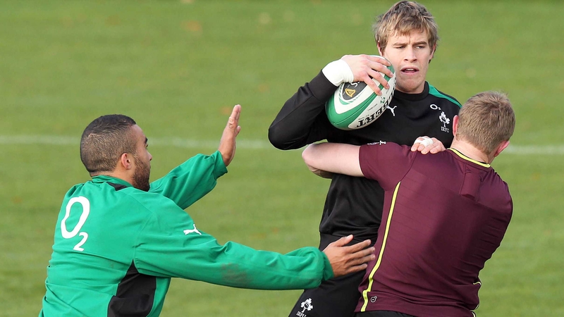 Andrew Trimble is tackled by Simon Zebo and Keith Earls in training