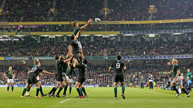 Ireland's Mike McCarthy and Eben Etzebeth of South Africa compete in a lineout in Dublin