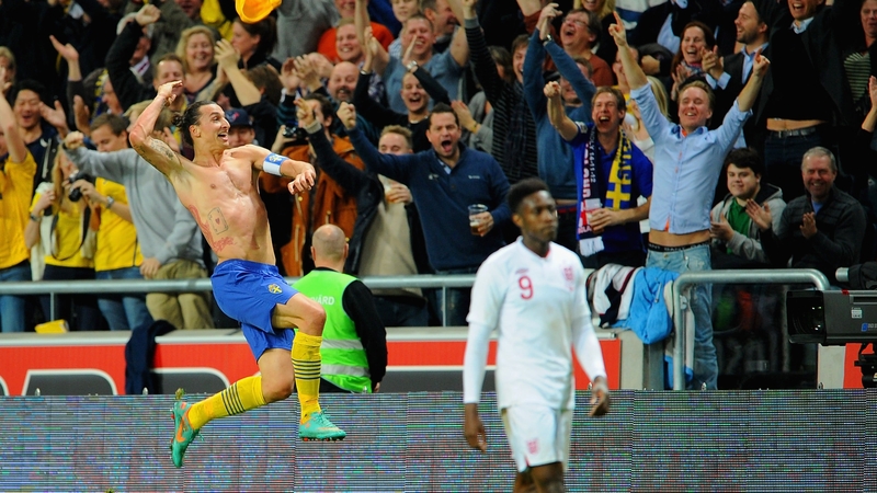 Zlatan Ibrahimovic of Sweden celebrates scoring his fourth goal