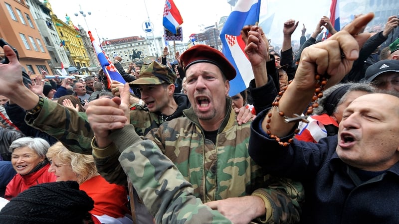 People celebrate in Zagreb after the acquittals of former Croatian generals Ante Gotovina and Mladen Markac