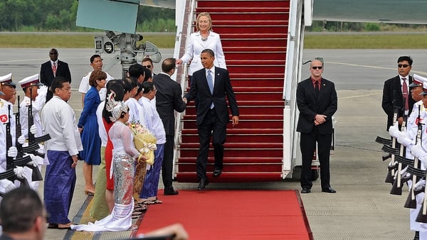 Mr Obama shakes hands with Derek Mitchell, the US ambassador to Burma