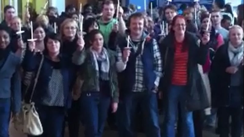 Students and lecturers gather ahead of a protest at Limerick IT