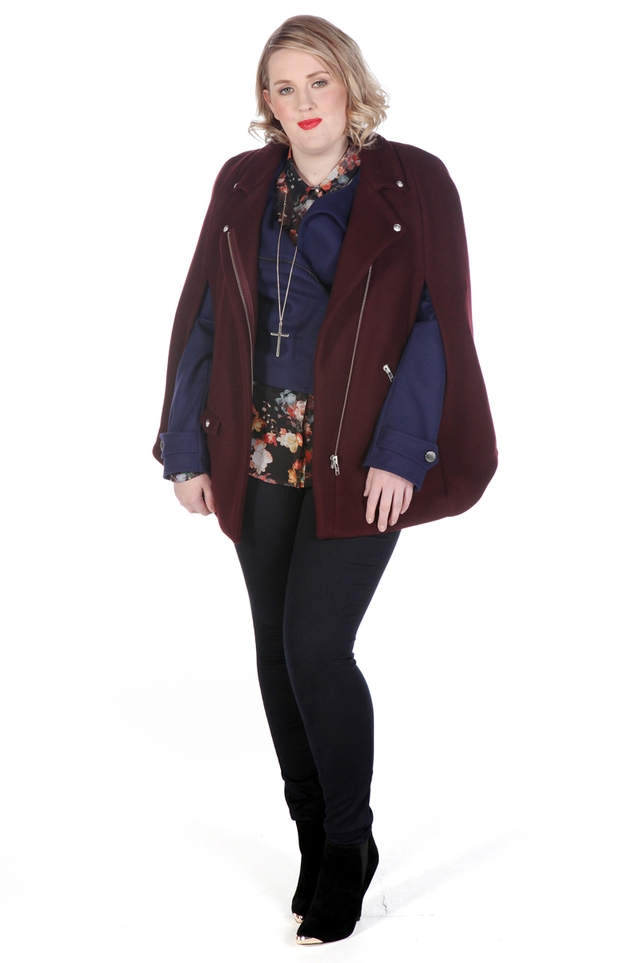 Burgundy biker cape The Kooples at BrownThomas €325, Floral black sheer shirt Topshop 	€58, Dark indigo skinnies Topshop €58, Blood blue biker jacket French Connection €180, Gold cross chain River Island €8, Black gold toe ankle boots Topshop €103