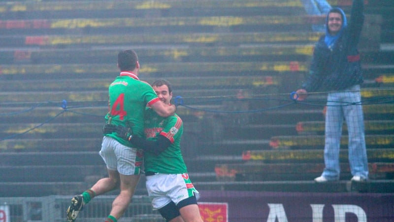 St Brigid's Frankie Dolan and Senan Killbride celebrate scoring a goal in the AIB Connacht Club Senior Football Championship final last weekend