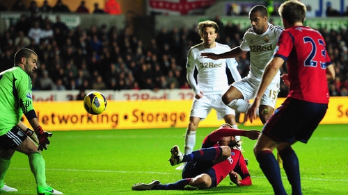 Wayne Routledge scores the second Swansea goal