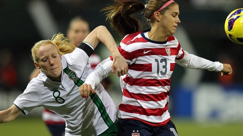Alex Morgan (r) scored a hat-trick for the Olympic champions