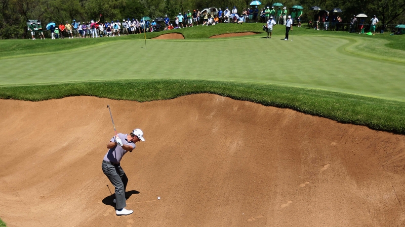 Nicolas Colsaerts plays out of the greenside bunker on the eighth earlier today