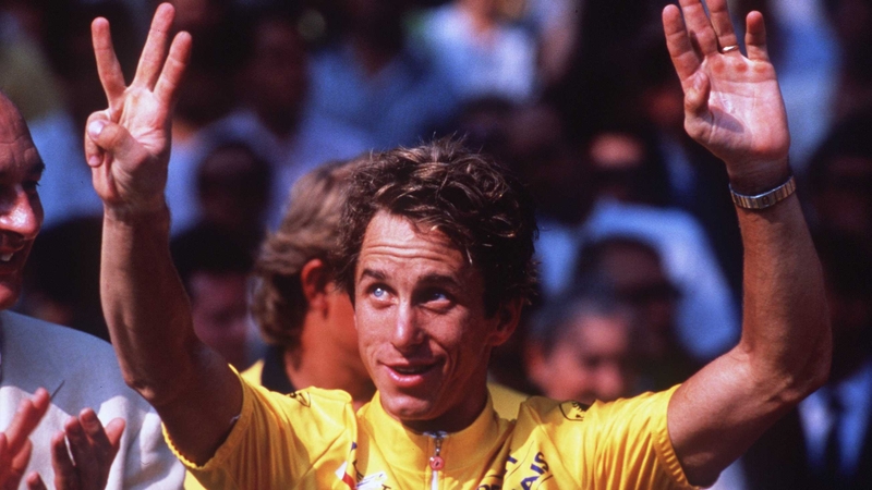 Greg LeMond celebrates his 1990 Tour de France success