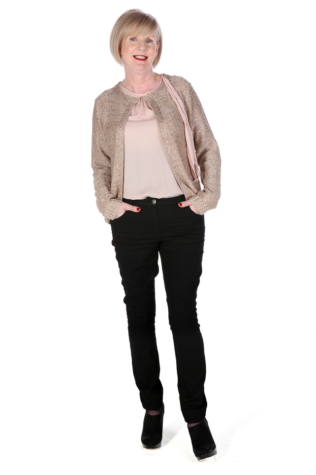 Gold spakle cardi Wallis €44, Pale pink silk blouse Wallis €40, Black skinny jeans Wallis €35, Black suede ankle boots New Look €24.99