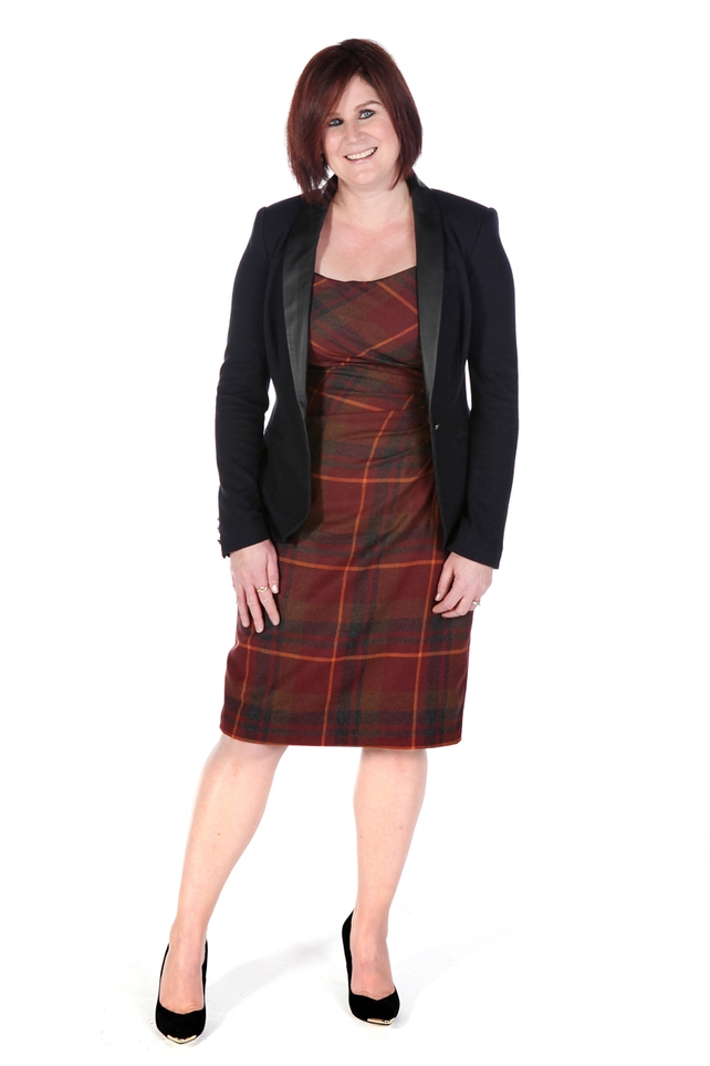 Red and orange tailored dress	Next €74, Black suede with metal toe cap shoes New Look €39.99
Navy tux with leather collar Next	€74