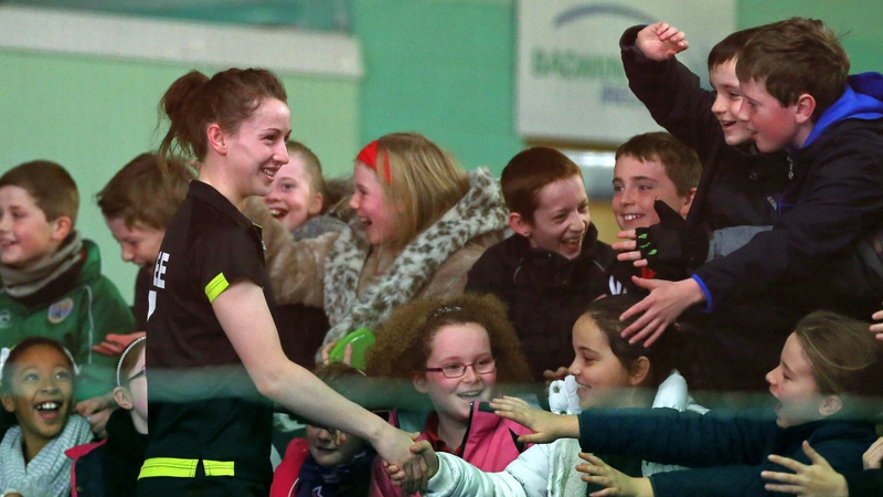 Ireland's Chloe Magee greets pupils from Bayside Senior National School