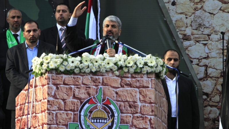 Khaled Meshaal as he delivers a speech to Hamas supporters during today’s rally in Gaza City